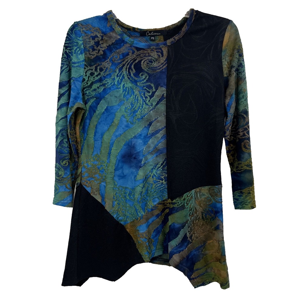 Calessa Women's Top Size PS Multicolor Patchwork Asymetric Hem Blue Black